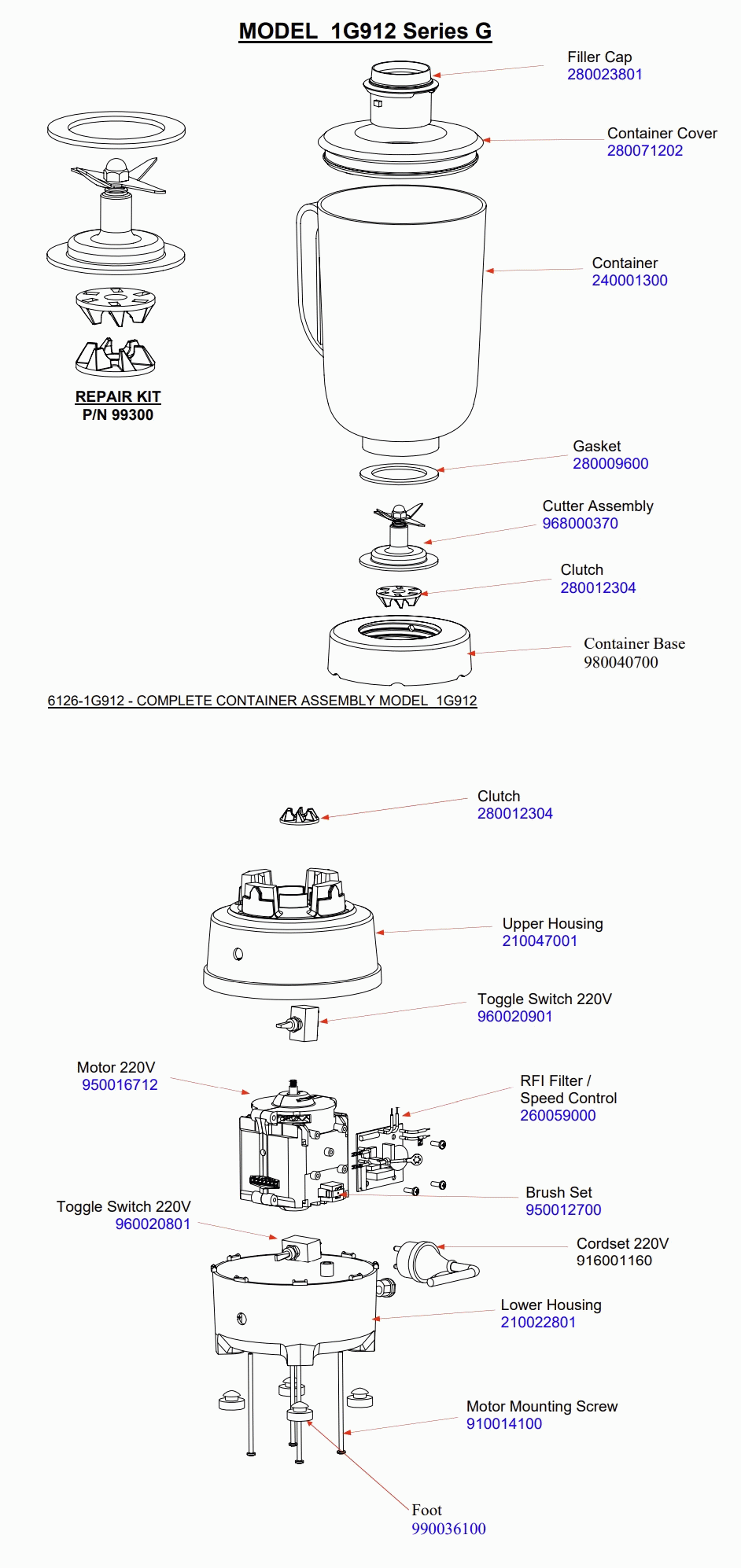 Diagram Diagram and Parts List for 1G912-UK-G  Hamilton Beach Blender